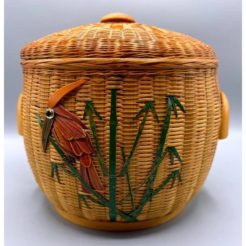 Vintage Wicker Ice Bucket Bird Bamboo Rattan Insulated MCM Tiki Barware 7.5in
